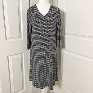 Chico’s Retro Mod Black & White Geometric Print 3/4 Sleeve Sheath Dress, Small